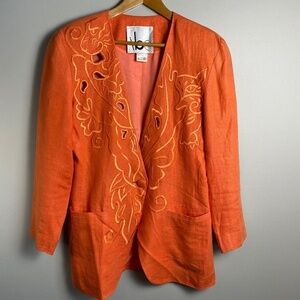 be Women's Burnt Orange/Coral Embroidered Linen Skirt + Blazer Suit Set Size‎ 8
